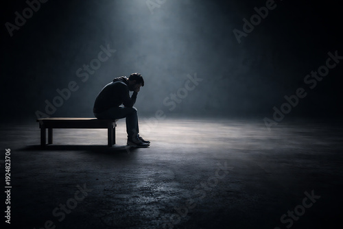 A person sitting alone, head in hands, experiencing a moment of deep sadness. The setting is dimly lit, amplifying the sense of isolation and despair