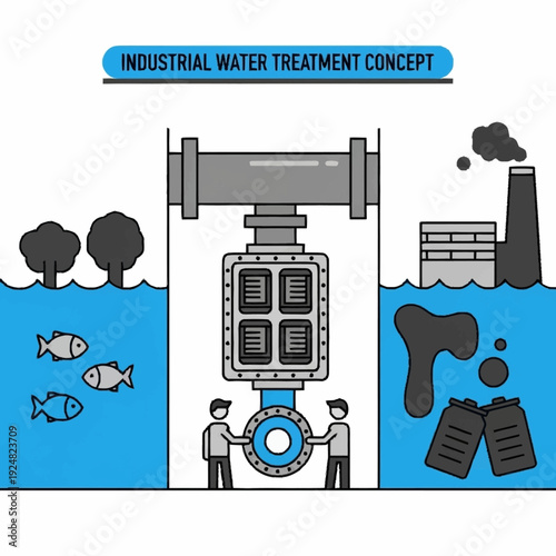 Industrial water treatment process illustration with pollution and purification stages.