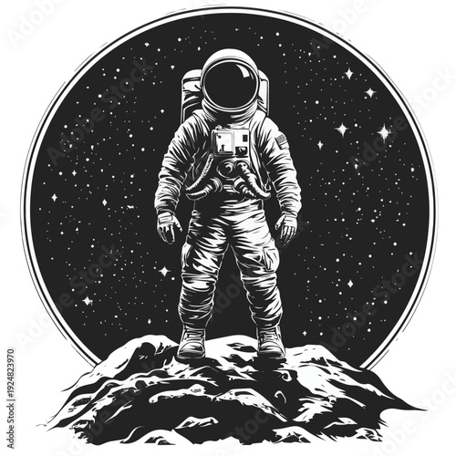 The black and white silhouette of an astronaut on the lunar surface is an exploration and romance of space