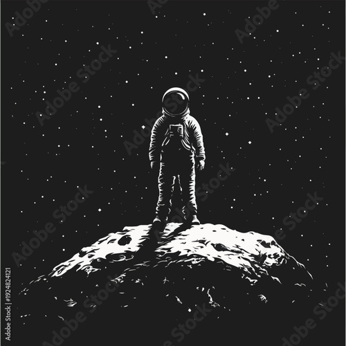 The black and white silhouette of an astronaut on the lunar surface is an exploration and romance of space