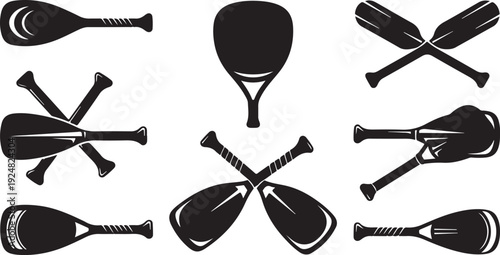 Black Silhouettes of Paddle and Oar Illustrations on White