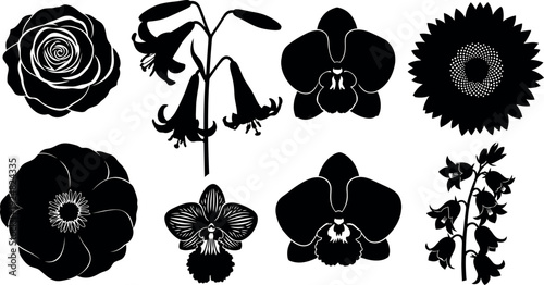 Collection of black and white floral silhouettes including rose orchid lily sunflower and poppy