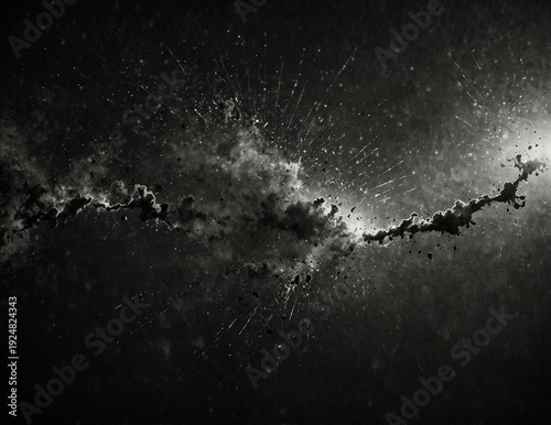 Moody cinematic light leak flare with vintage film grain, cracked scratches, and subtle dust particles over grayscale backdrop