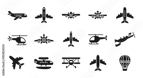 Airplane and Helicopter Icons Set: Aviation and Transportation Symbols Collection