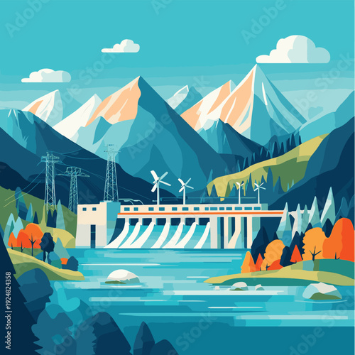 A hydroelectric power plant with turbines on the background of mountains and a river