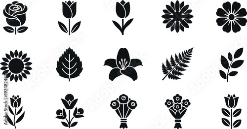 Collection of black flower and leaf on white background rose tulip sunflower daisy