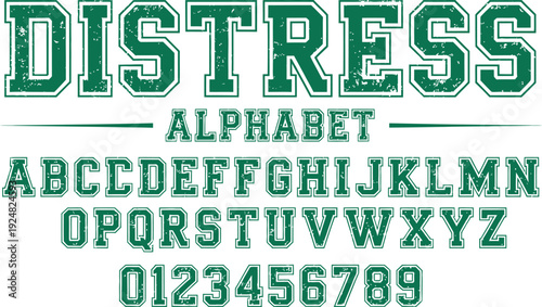 Green Distressed Varsity Alphabet and Number Vector Set Featuring Textured Collegiate Block Font for Sports Apparel and Team Branding Designs