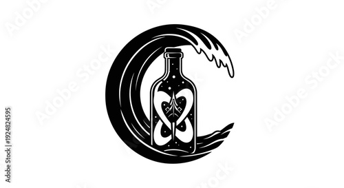 Bottle with Heart Shapes Inside Against a Wave