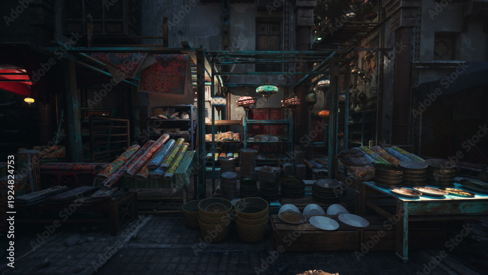 Fototapeta premium dim night market stall with lanterns, vendor arranging spices and textiles in narrow cobblestone alley under warm lamp light, moody cinematic atmosphere