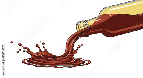 Clear glass bottle pouring out a splash of brown liquid like soy sauce or soda onto a white surface.