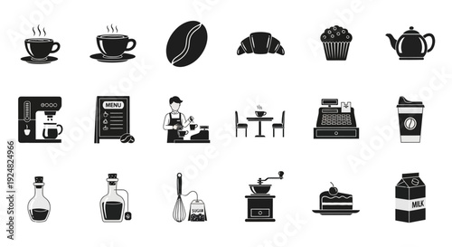 Coffee Shop Icons: Espresso, Croissant, Muffin, Teapot, Barista, Cash Register