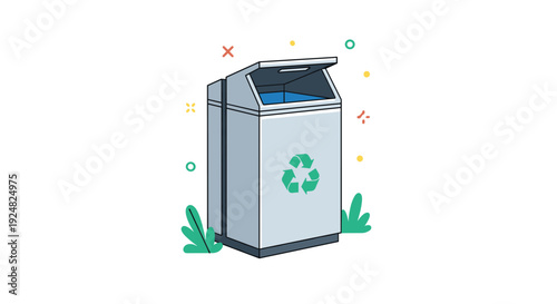 Silver metal recycling bin with a green recycle symbol and colorful graphic elements in the background for eco friendly concepts.