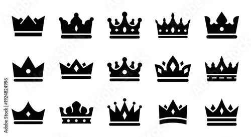 Collection of Black Crown Icons, Royal Symbols, Royalty and Power