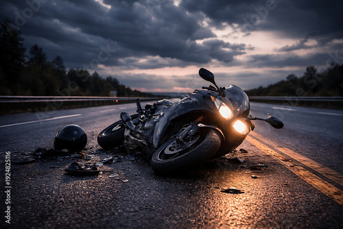 The aftermath of a motorcycle accident on a desolate road. Debris litters the asphalt under a stormy sky