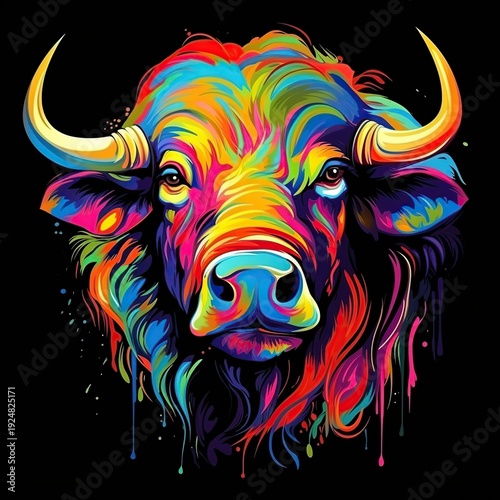 Wallpaper Mural Vibrant Multicolored Bull Head Portrait with Rainbow Drips Against a Deep Black Background Torontodigital.ca
