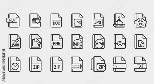 Collection of flat file type icons, digital document symbols, vector illustration
