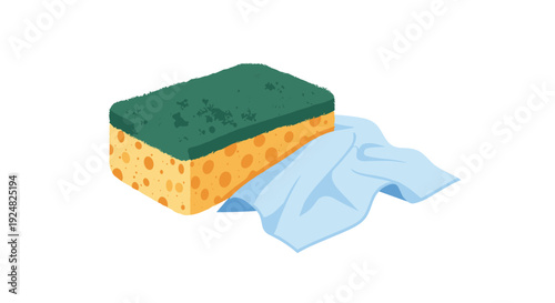 Yellow cleaning sponge with a green abrasive layer and a blue microfiber cloth for household chores.