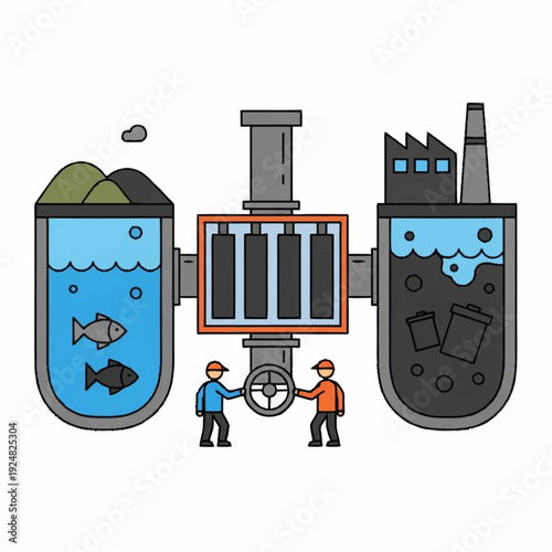 Water treatment process illustration with workers operating machinery.
