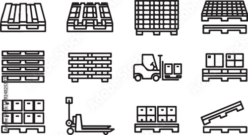 Warehouse and logistics equipment: pallets, racks, and forklifts Vector