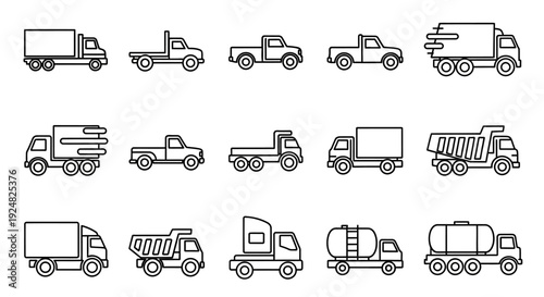 Collection of Truck and Vehicle Icons: Delivery, Pickup, Dump, Tanker Trucks