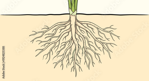 Detailed illustration of a network of plant roots growing deep into the light brown soil beneath the surface.