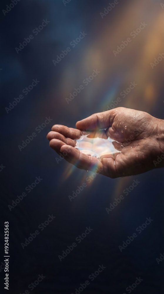 Obraz premium Close up of hands cupping water with rainbow light refraction and prism