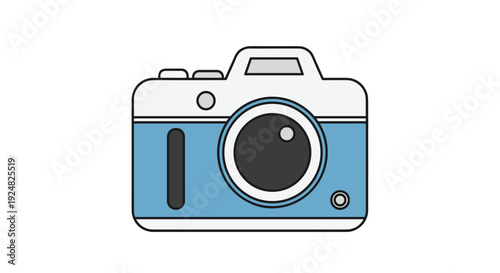 Blue and white digital compact camera with a large black lens isolated on a white background for photography.