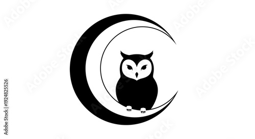 Cute Owl Sitting on Crescent Moon Silhouette - Night Wildlife Icon