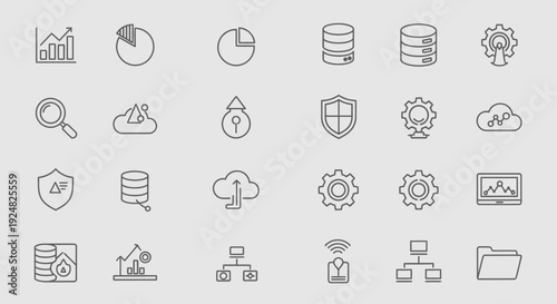 Data Management Icons: Cloud, Database, Security, Analytics, Network, Gear