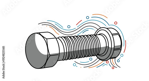 Industrial heavy duty steel bolt with a washer and decorative swirls isolated on a white background.