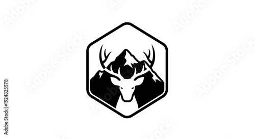 Deer Head Silhouette Emblem with Mountain and Forest Background