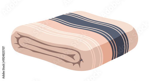 Thick folded beige and blue striped wool blanket isolated on a white background for home comfort and warmth.