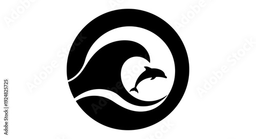 Dolphin Jumping Through Wave Circle Logo Icon - Black and White Silhouette