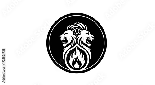 Double Lion Head Emblem with Flames, Circular Logo Design