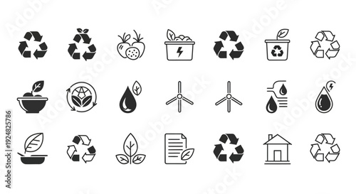 Eco Icons: Recycling, Renewable Energy, Nature, Sustainability, Organic Food