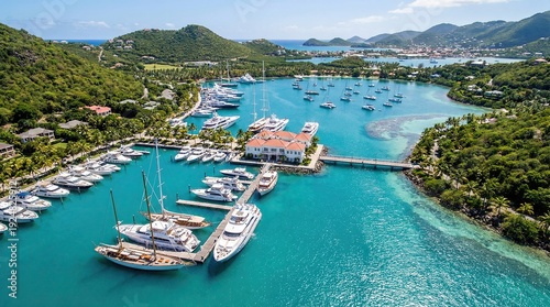 Aerial view of a luxury yacht harbor in the tropics with turquoise waters.