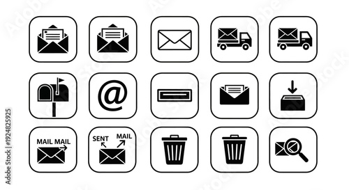 Email and Mail Icons Set: Delivery, Inbox, Trash, Search, Postbox, @ Symbol