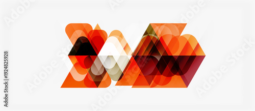 Abstract geometric shapes overlap, creating dynamic orange, brown tones. Modern design with layered polygons, gradients visible.