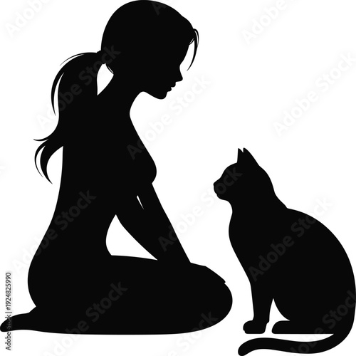 Silhouette of a young woman sitting on the floor with her pet cat, feline companionship and bond with domestic animal (21 words)