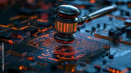 Digital gavel floating over a circuit board shaped like India .