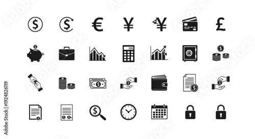 Financial Icons Set: Currency, Banking, Investment, Savings, Security & Business