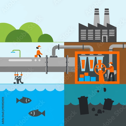 Industrial pollution affecting aquatic life and environment.