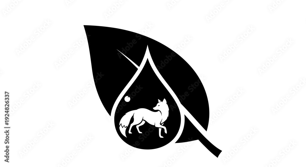 Fototapeta premium Fox Silhouette in Water Drop on Leaf Logo Icon