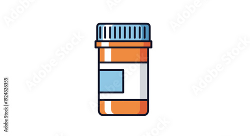 Orange plastic prescription medicine bottle with a blue safety cap and blank white label for healthcare and pharmacy services.