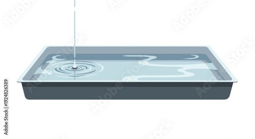 Water dripping from a pipe into a shallow dark grey tray creating concentric ripples on the surface in a simple illustration.