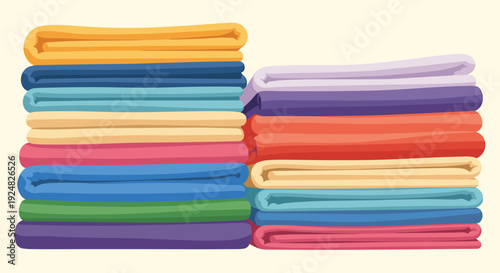 Two neat stacks of folded colorful textiles or linens arranged by color for organization and storage in a home or retail shop.