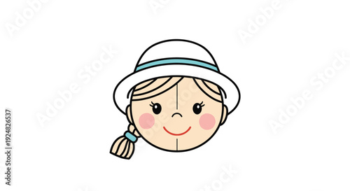 Cute cartoon illustration of a smiling girl wearing a white sun hat with a blue ribbon and a braid for summer and outdoor fun.