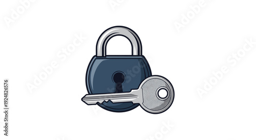 Blue metal padlock with a silver key in front representing security, privacy, and protection of valuable assets and property.