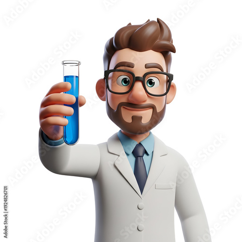 3D Scientist Character Holding Test Tube Isolated on White Background | Cartoon Style Male Scientist with Laboratory Test Tube Science Concept | Research Scientist Illustration with Chemical 
