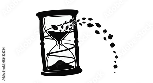 Hourglass releasing leaves, symbolizing passage of time and nature's cycle, on a white background.